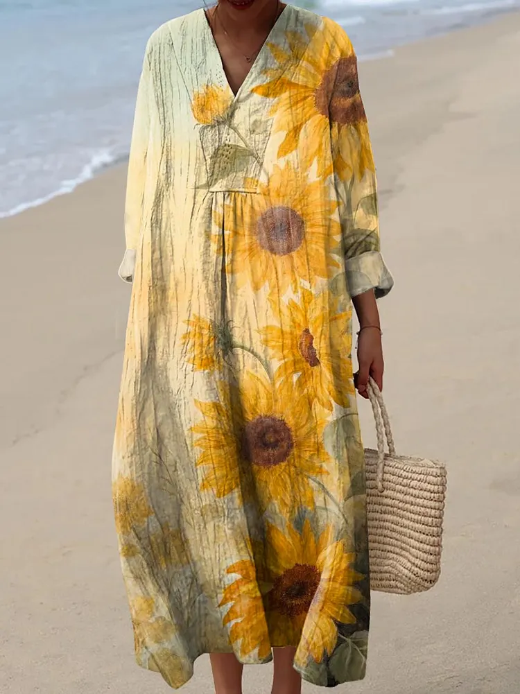 Women's Vintage Sunflowers Pattern Art Print Cotton Dress