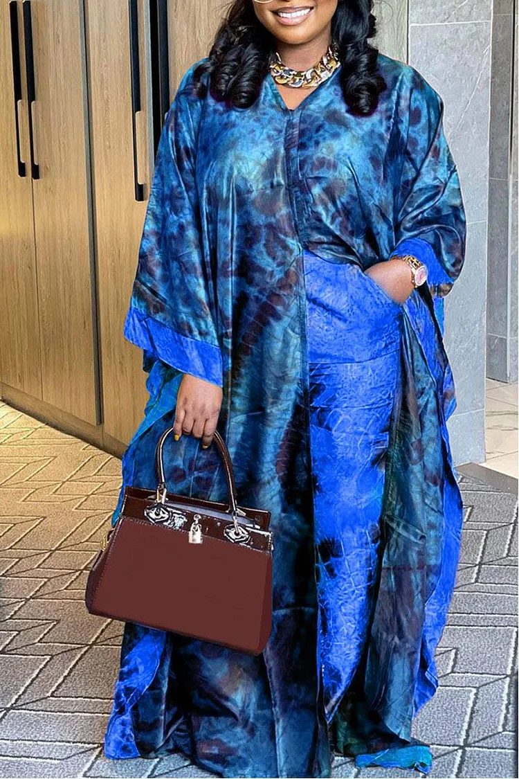 Plus Size Blue Semi Formal All Over Print Kimono Two Pieces Pants Set