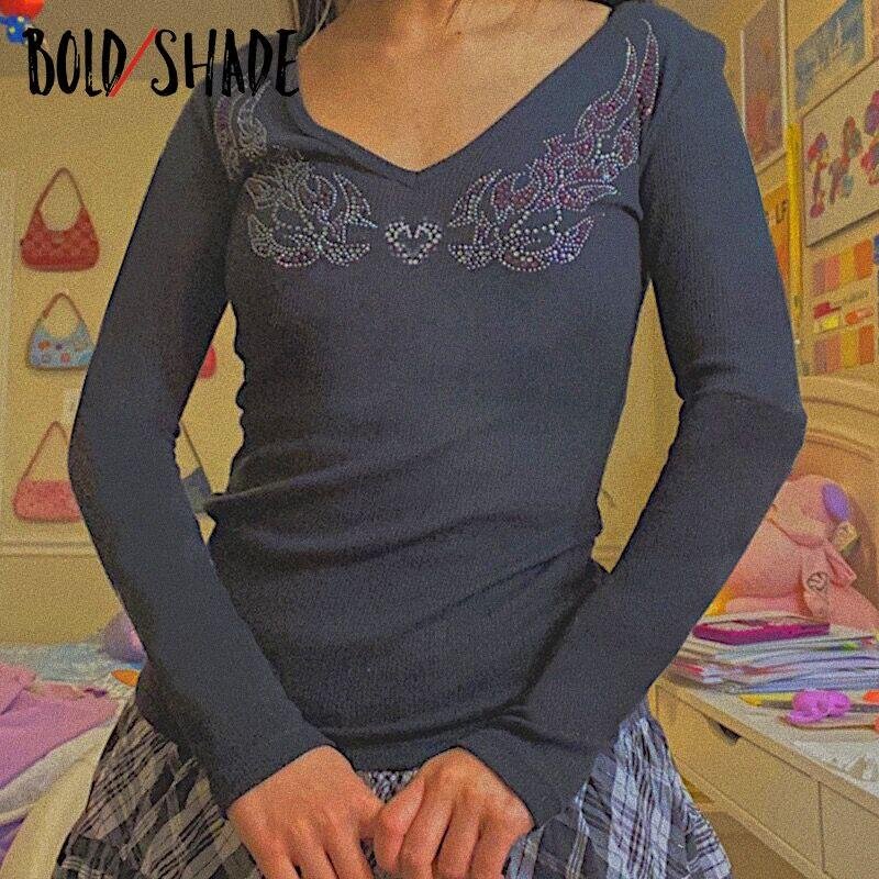 Bold Shade Indie Aesthetic Y2K Tee Shirt Long Sleeve Rhinestone V-neck Gothic Style Women Slim T-shirts Autumn Basic 2021 Tees