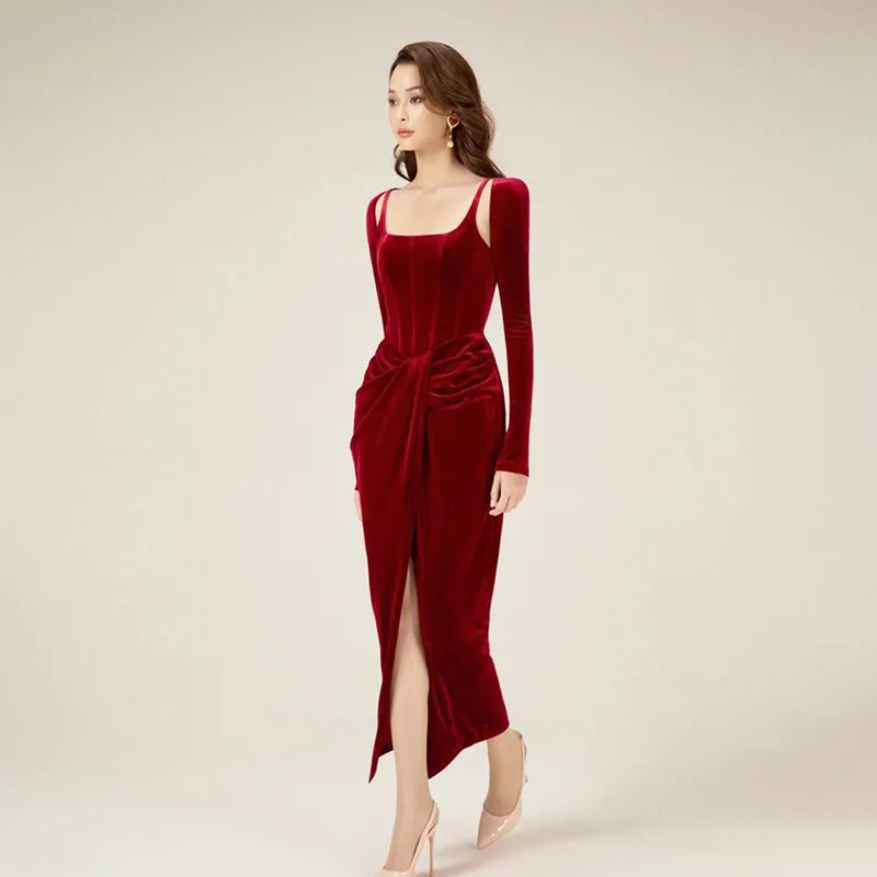 Zingj Sexy Velvet Two New Spring 2025 New Fashion Slings To Collect The Waist Thin Knot Long-Sleeved Dress Woman