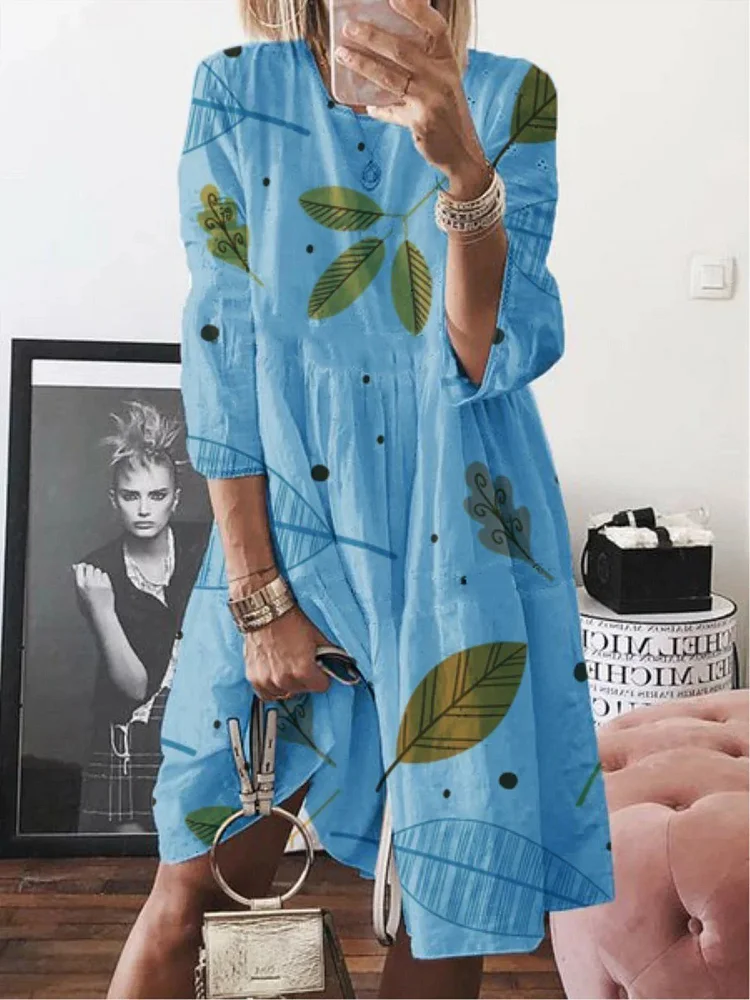 Casual Leaf Printed 3/4 Sleeve Crew Neck Dress