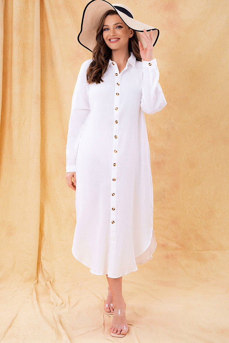Flycurvy Plus Size Casual White Shirt Collar Button Curved Hem Tea-Length Dress  TR T 