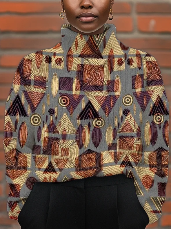 Women's Retro Tribe African Pattern Print High Neck Knit Sweatshirt