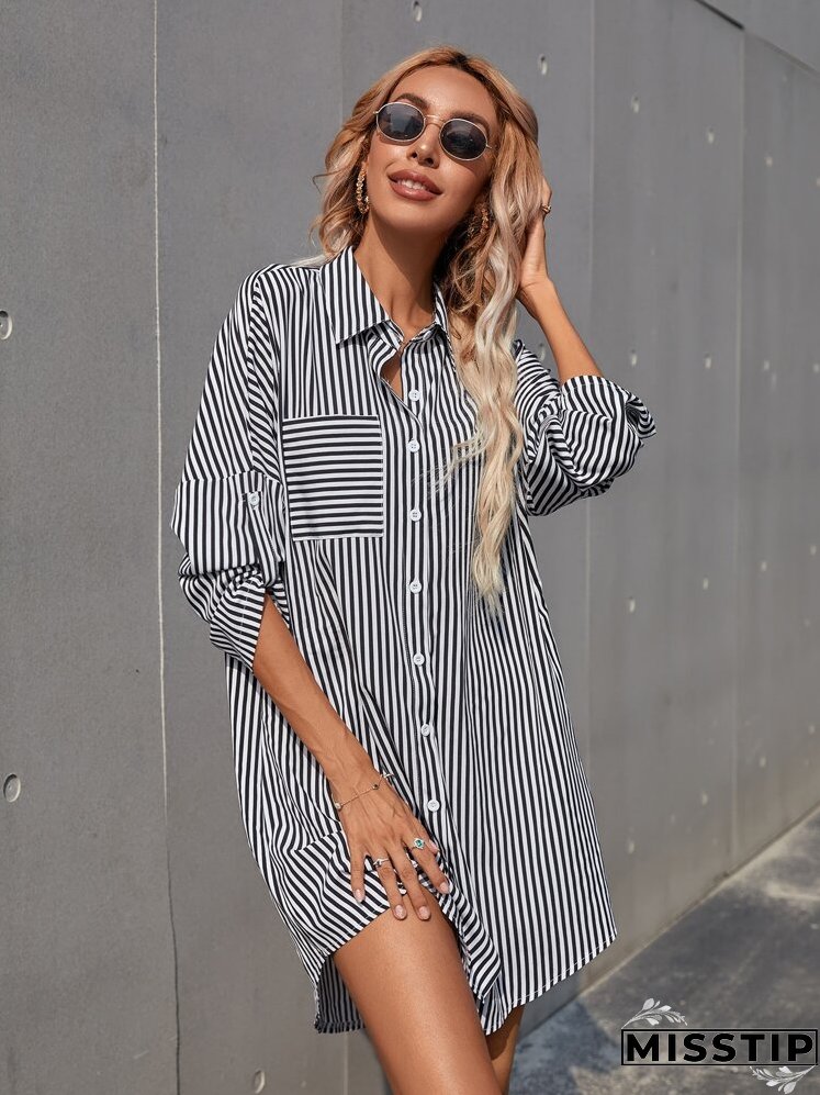 Striped Roll Up Sleeve Shirt Dress