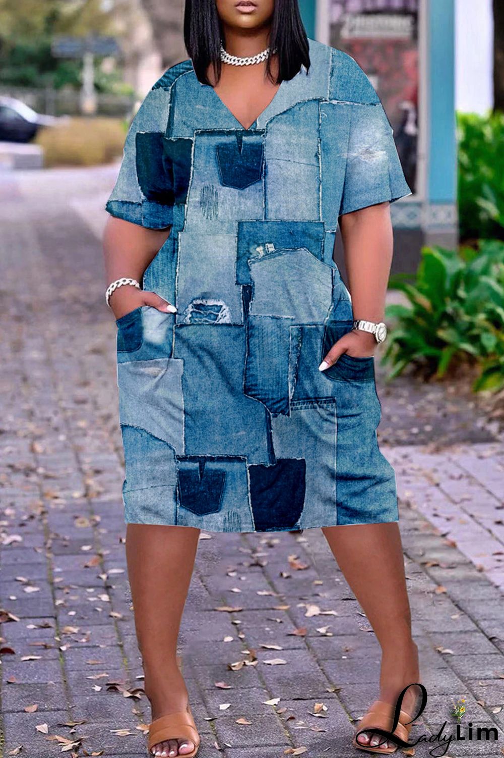 Blue Fashion Casual Print Patchwork V Neck Short Sleeve Dress