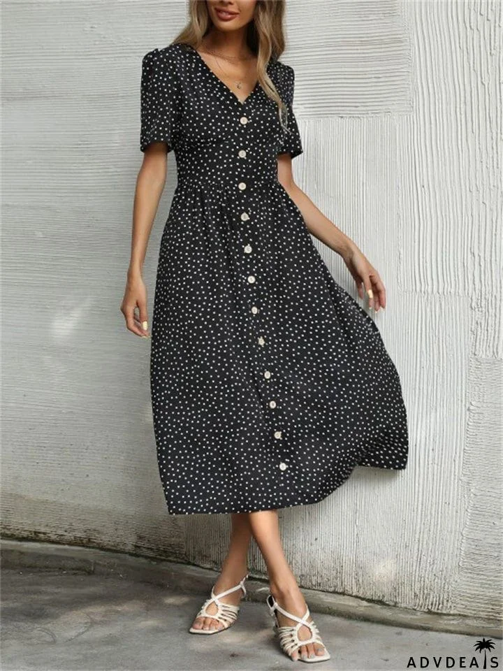 Trendy Style Button Decorated V Neck Polka Dots Printed Dresses