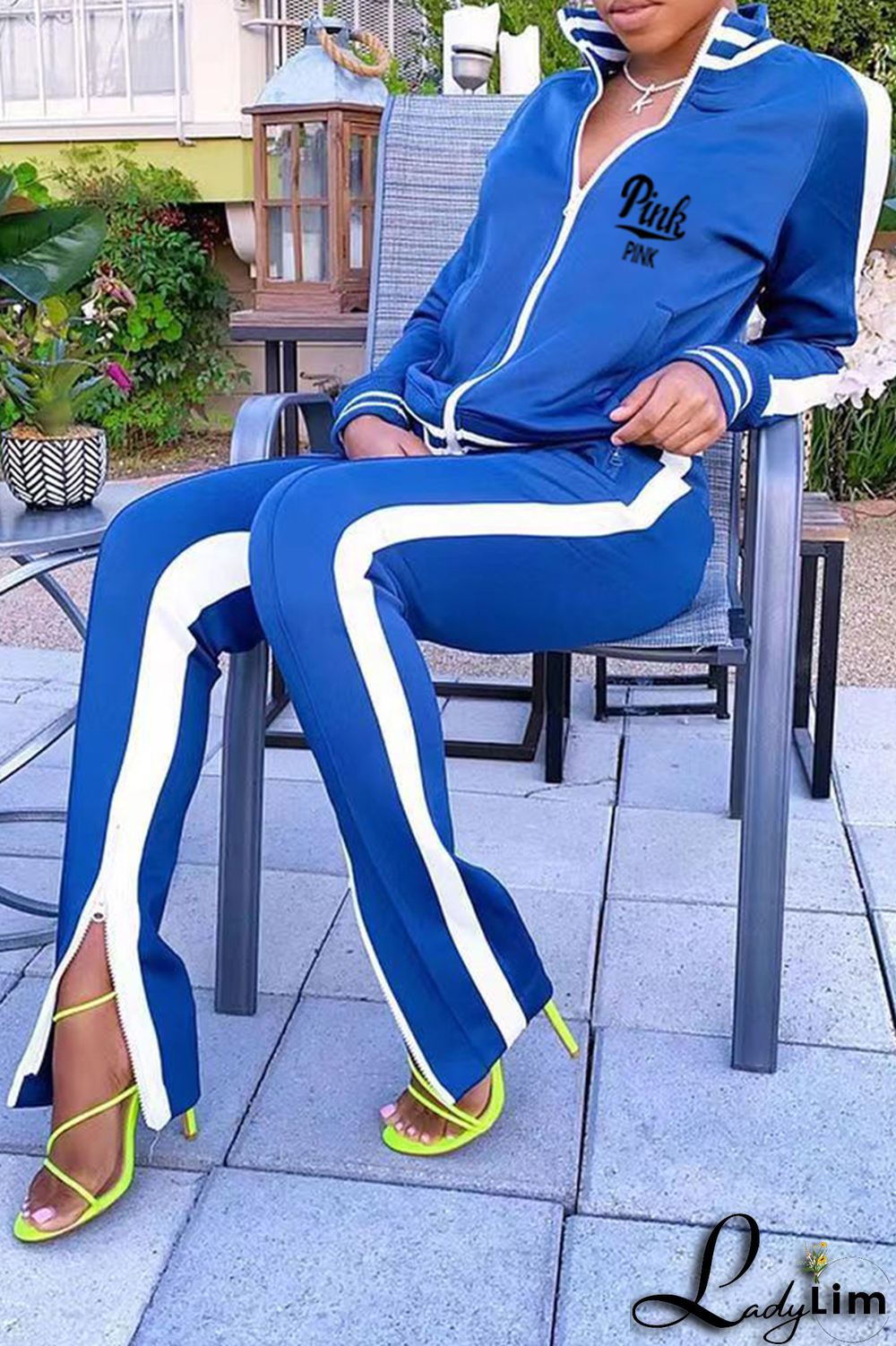 Black Yellow Casual Print Slit Zipper Collar Long Sleeve Two Pieces