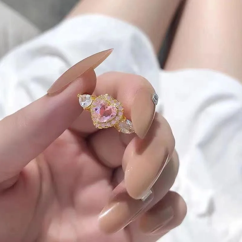 Sweet Adjustable Pink Crystal Angel Wings Heart Ring