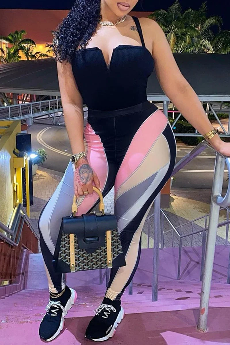 Sexy Casual Patchwork Backless Spaghetti Strap Skinny Jumpsuits