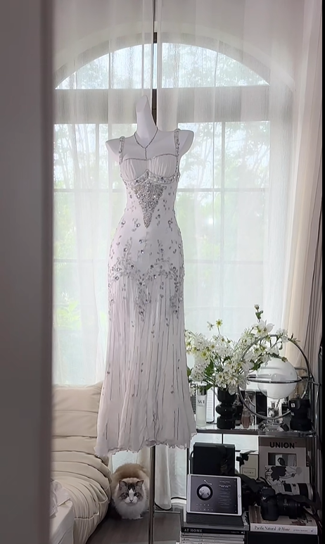 White Shiny Beaded Long Chiffon Ball Gown Evening Gown Party Dress