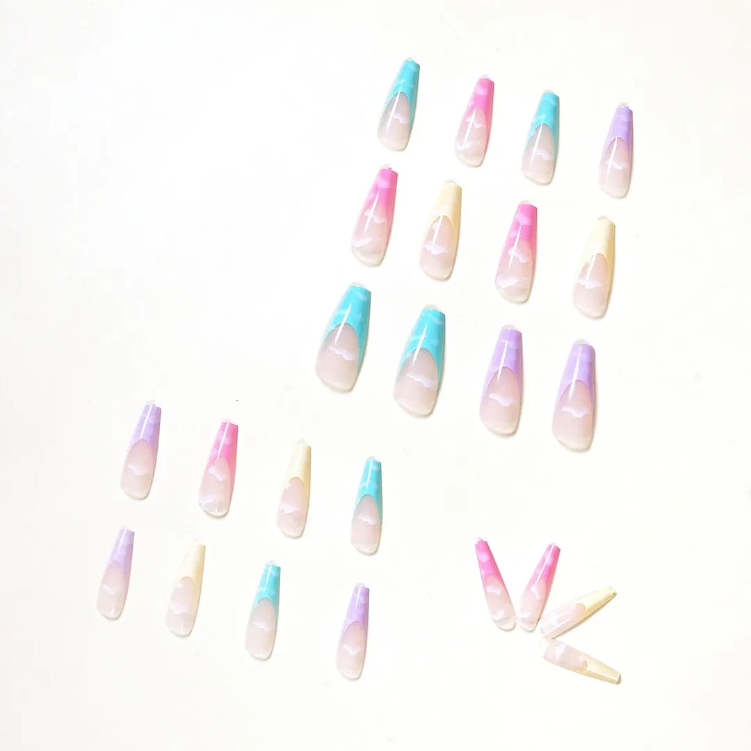 24pcs Rainbow Series French Cotton Clouds Fake Nails Full cover Fake Nails Glue DIY Manicure Nail Art Tools-Nail Inspo