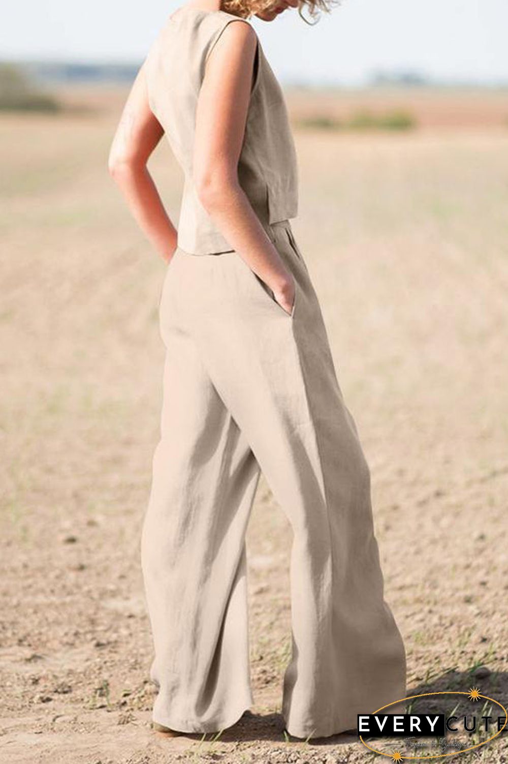Solid Sleeveless Blouse Pants Set
