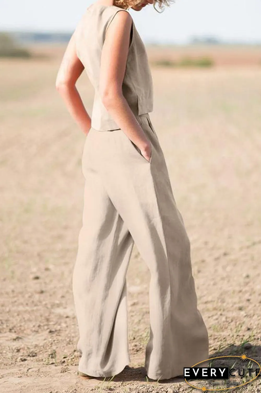Solid Sleeveless Blouse Pants Set