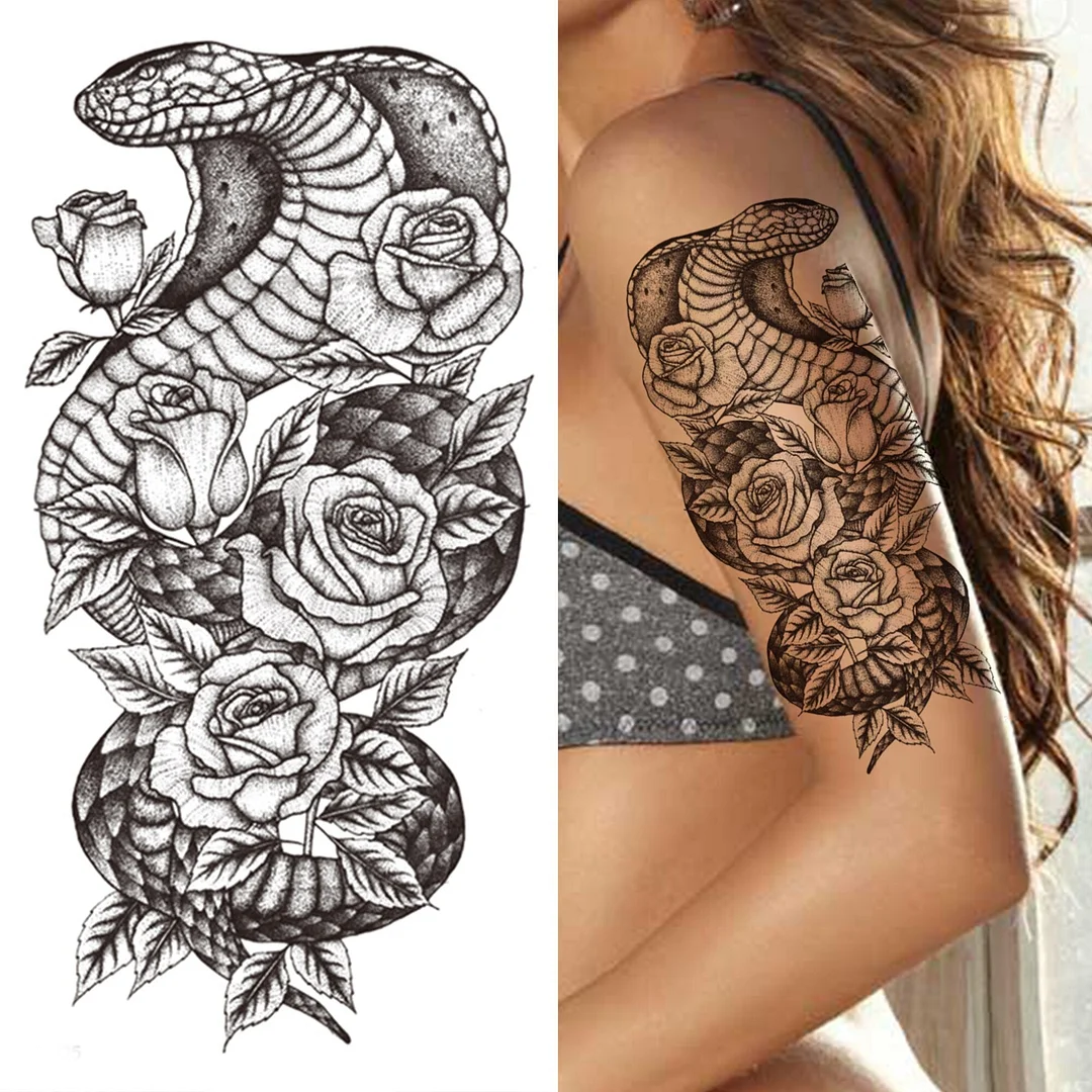 3D Snake Rose Temporary Tattoos For Women Girls Fake Flower Tattoo Sticker Black Death Eaters Dark Mark Mamba Snake Peony Tatoos