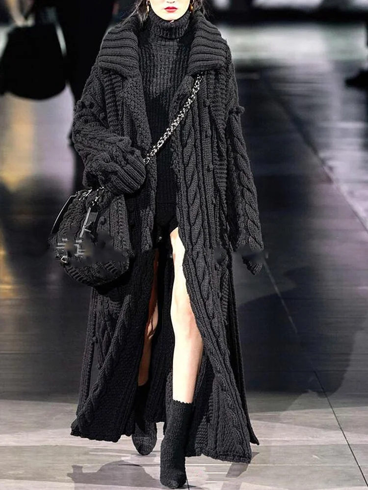 Lapel Collar Thermal Knit Longline Cardigan