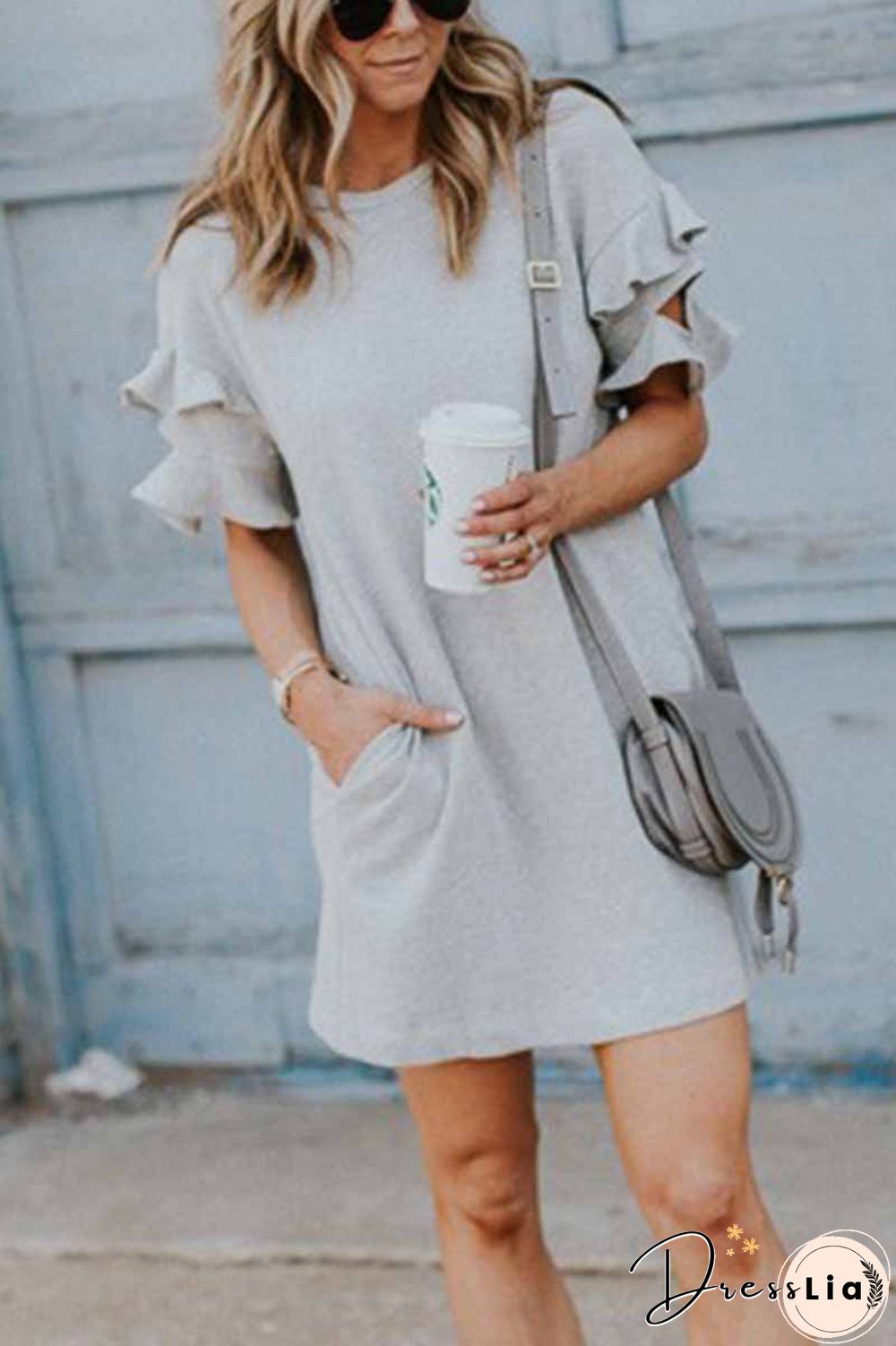 Solid Color O-Neck Ruffle Mini Dress