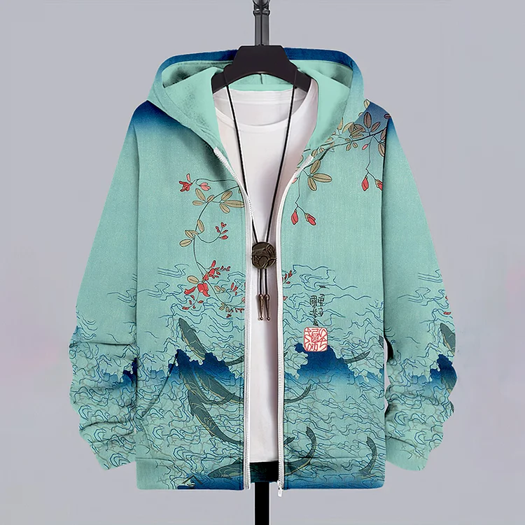 Men's Japanese Art Fish Flower Print Zip Hoodie