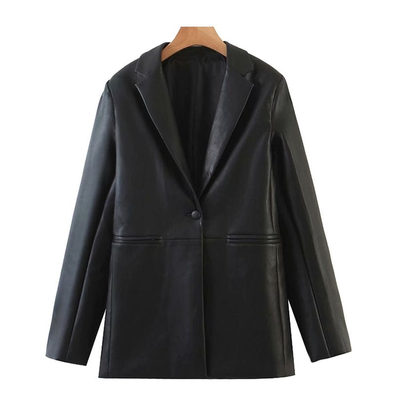 KPYTOMOA Women 2020 Fashion Faux Leather Single Button Blazers Coat Vintage Long Sleeve Pockets Female Outerwear Chic Tops