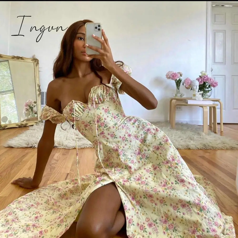 Ingvn - Flower Print Sexy Long Dress For Women High Split Night Club Party Dresses Backless Bodycon