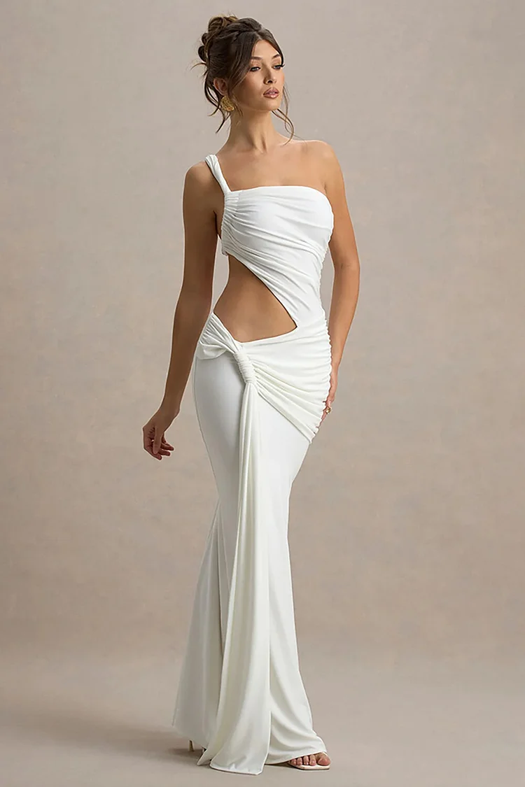 Ruched Solid Color Cutout Tie Up Streamer One Shoulder Maxi Dresses-Yellow