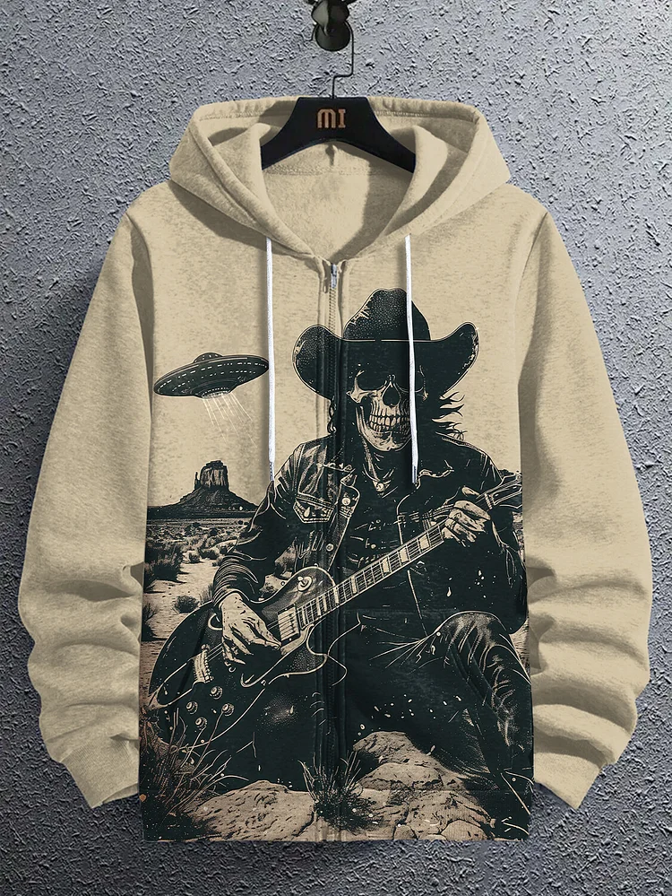 Men's Skull Guitar Cowboy Meets UFO Vintage Art Print Hooded Zip Up Jacket