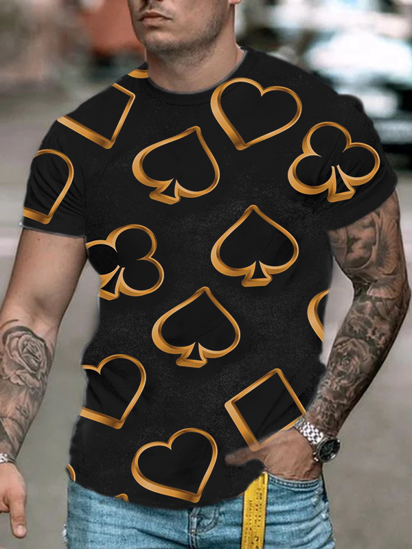 Men's casual fashion black poker print short sleeve T-shirt.png