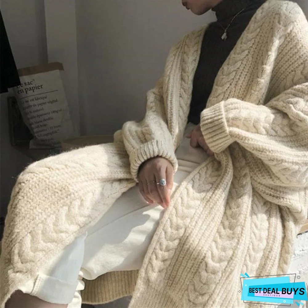 Autumn New Long Knit Cardigan Long Sleeve Lazy Twist Sweater Coat