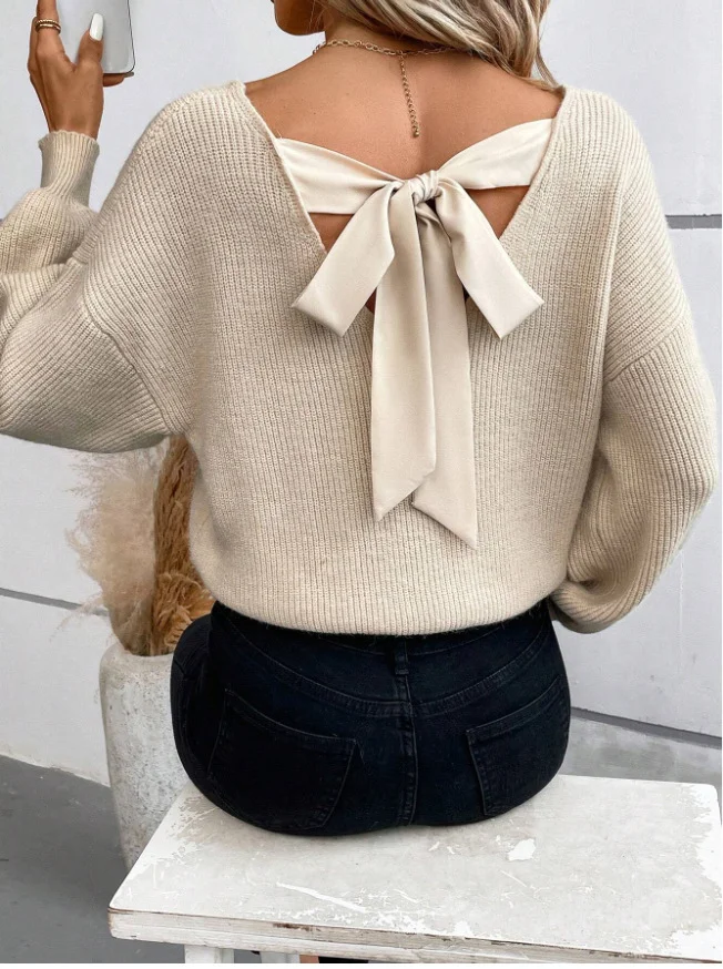 Athvotar Athvotar Women's V-Neck Solid Color Sweater Autumn New Long-Sleeved Casual Loose Bow Top Woman