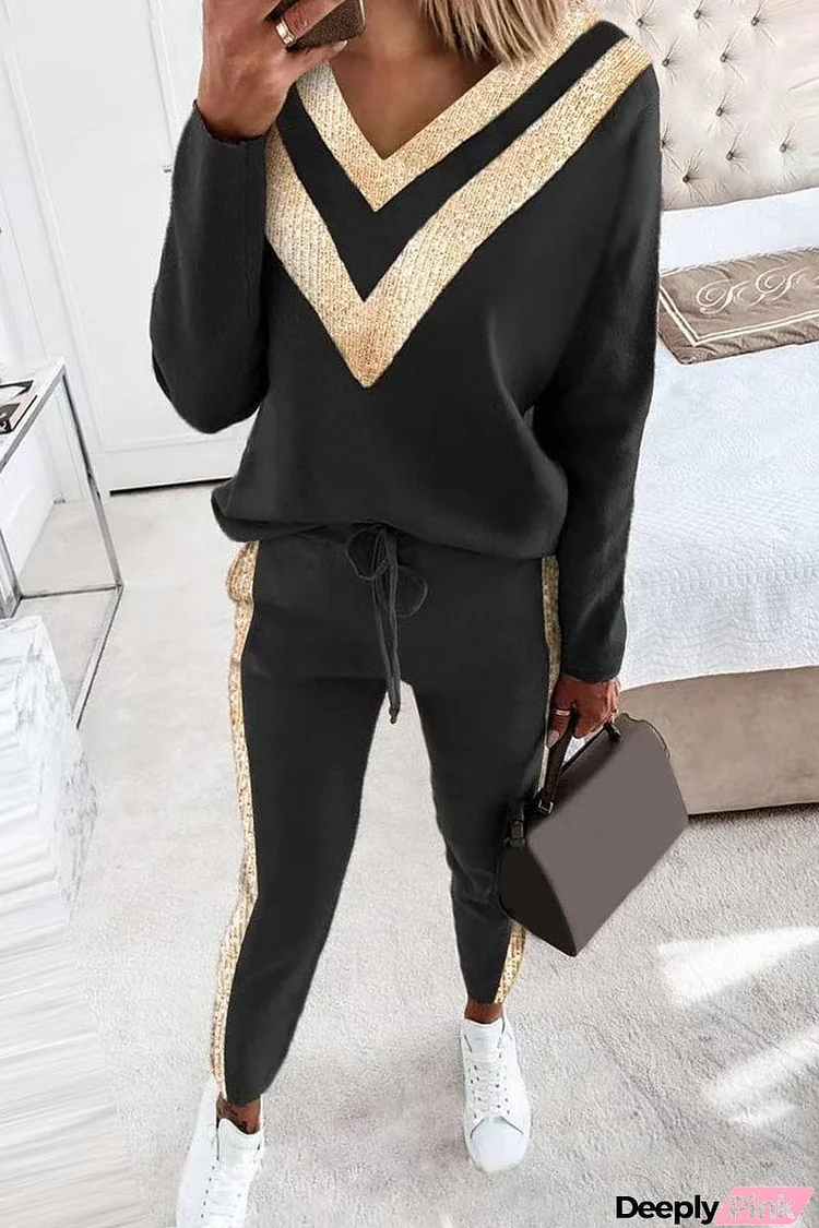 Casual Street Solid Patchwork V Neck Long Sleeve Two Pieces