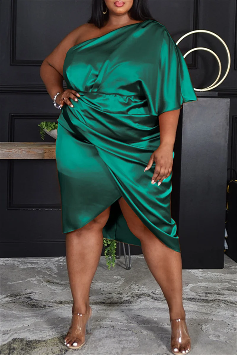 Ink Green Fashion Plus Size Solid Split Joint Backless Fold Oblique Collar Irregular Dress