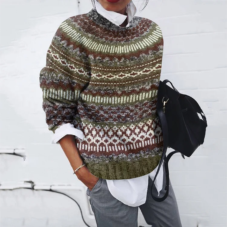 Vintage Wool Geometric Contrast Crew Neck Sweater