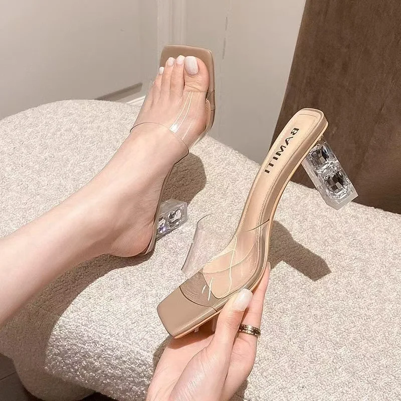 Breakj Breakj Slippers Women Summer Wear 2025 New Square Head Crystal Rough And Transparent Sexy High-Shoe Cold Slippers Women