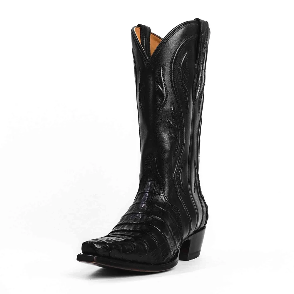 Black Snip Toe Mid Calf Croc Embossed Cowgirl Boots with Stitch