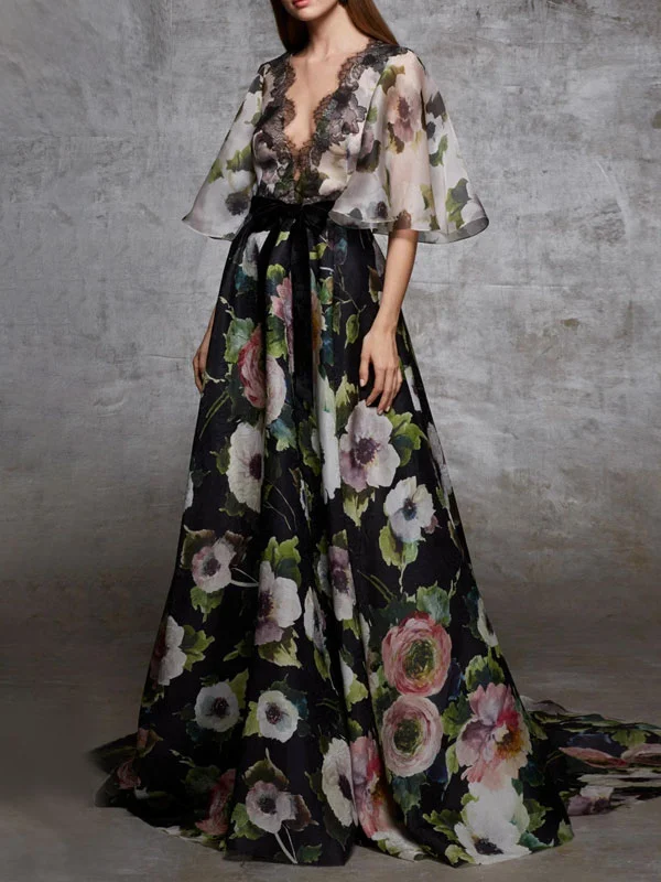 Floral Printed Moire Evening Gown