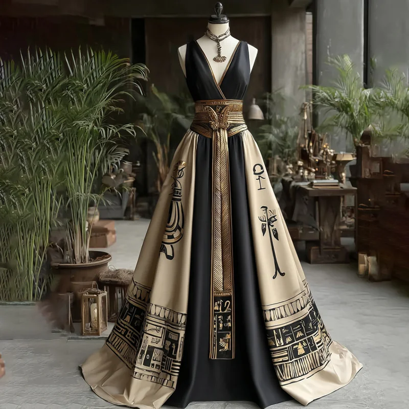 Women's Vintage Ankh Ancient Egyptian Linen Maxi Dress