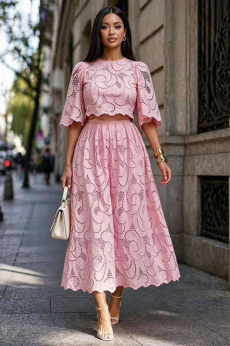 Xpluswear Design Plus Size Wedding Guest Casual Pink Round Neck Half Sleeve Two Piece Skirt Sets [Pre-Order] 2024 - Xpluswear