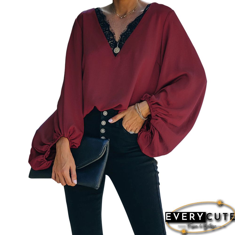 Wine Red Splice Lace V Neck Lantern Long Sleeve Tops