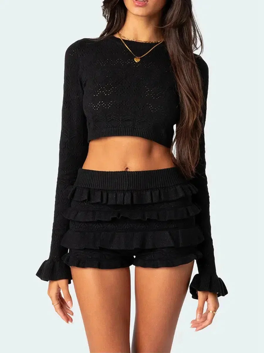 Brownm Crop Top & Ruffled Shorts Two Piece Set