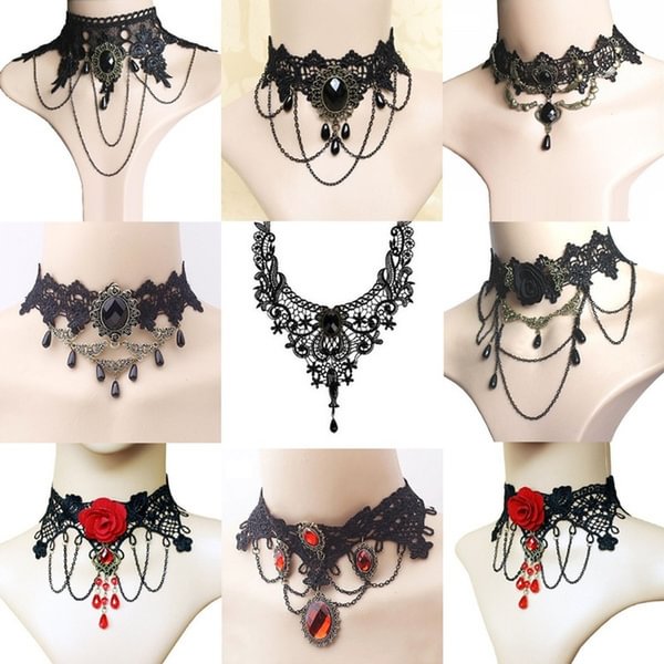1 PCS Black Lace Necklace Chokers Vintage Style Female Gothic Wedding Red Rose Crystal Diamond Pendant Collarbone Necklace Chain Accessories for Women Girls(10 Style) - Shop Trendy Women's Fashion | TeeYours