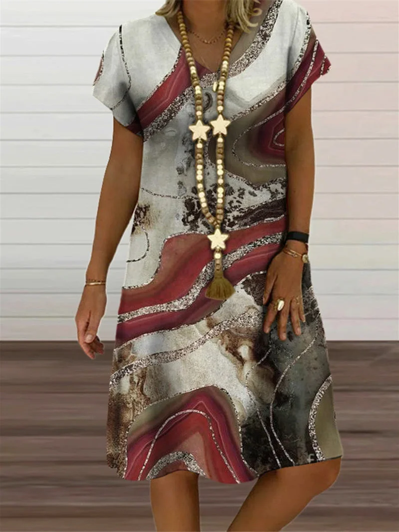 Women's Red V-neck Short Sleeve Striped Midi Dress