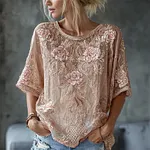 Women's Vintage Floral Embroidered Art Flowy Linen Blend Short Sleeve Casual Tops - Image 2