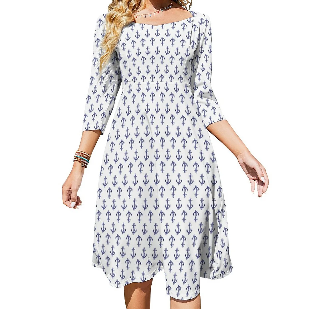 Blue And White Anchor Allover Pattern Dress Sweetheart Tie Back Flared 3/4 Sleeve Midi Dresses