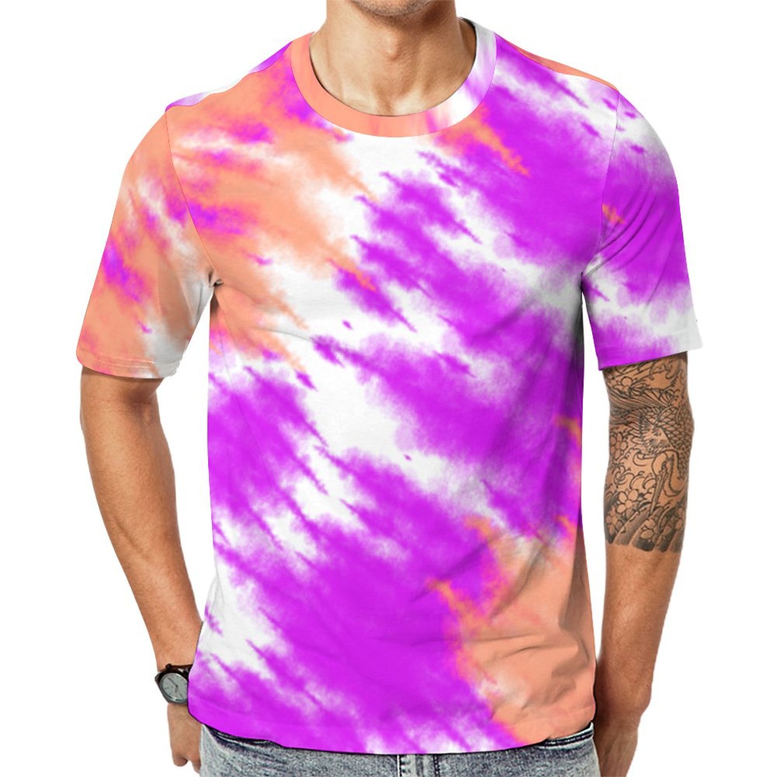 Pink Orange Tie Dye Boho Thong Beach Sandals Short Sleeve Print Unisex Tshirt Summer Casual Tees for Men and Women Coolcoshirts