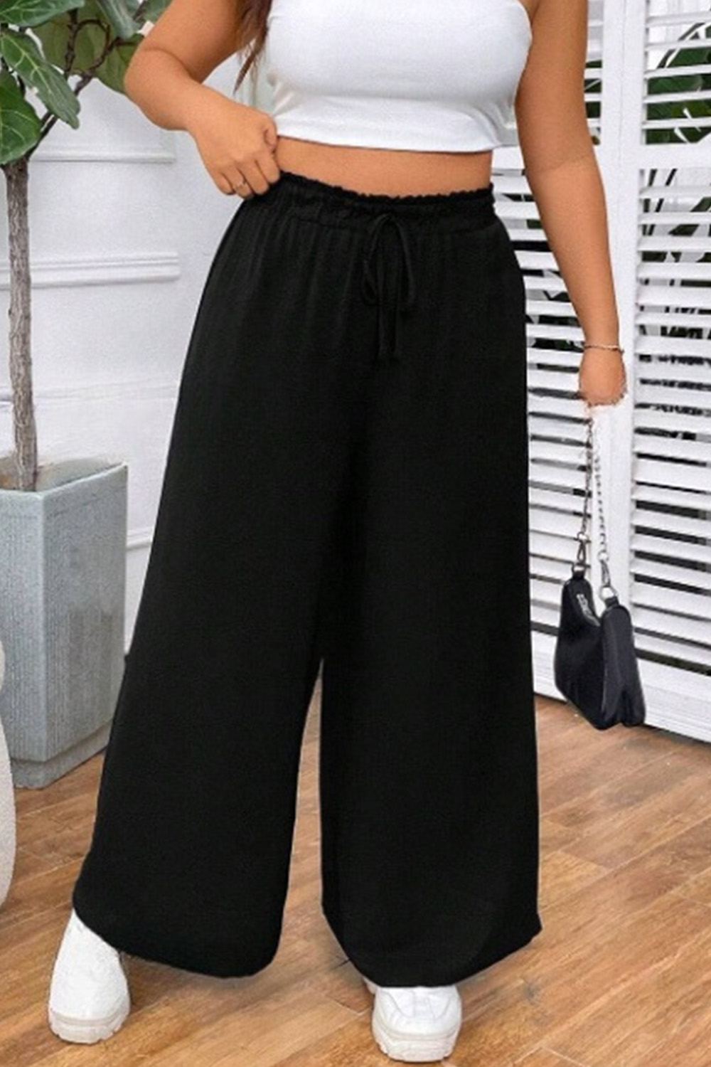 Plus Size Everyday Khaki High Rise Ruffle Lace Up Wide Leg Pants 2024 - Flycurvy 