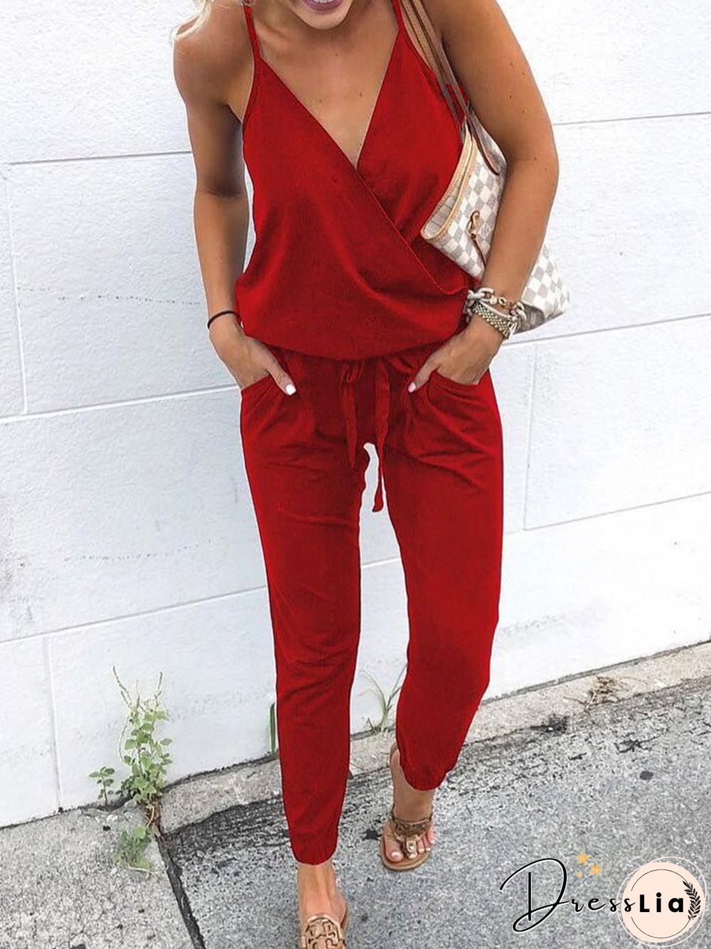 Women'S Jumpsuits Casual Sling V-Neck Belted Pocket Jumpsuit