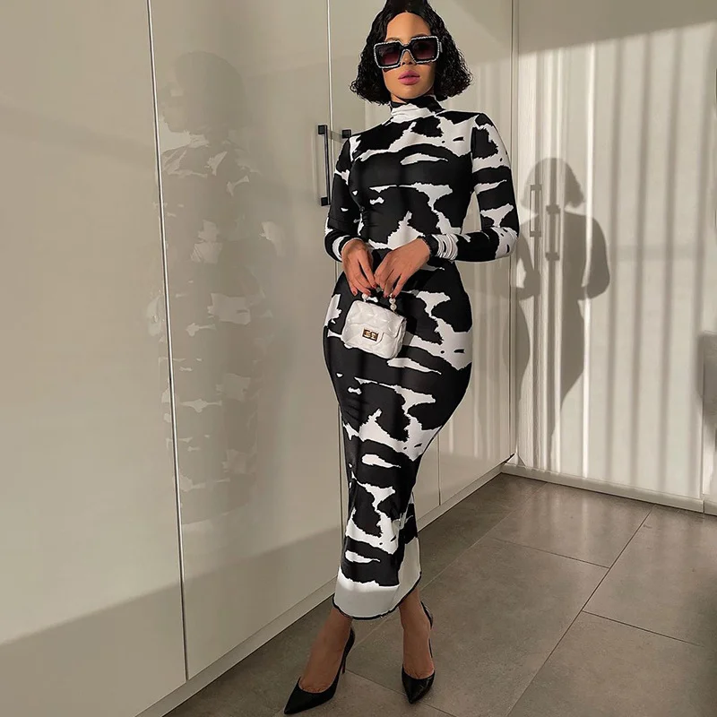 Women Fashion Autumn Long Sleeve Printed Bodycon Pencil Long Dress Streetwear Fall Clothes Wholesale Items