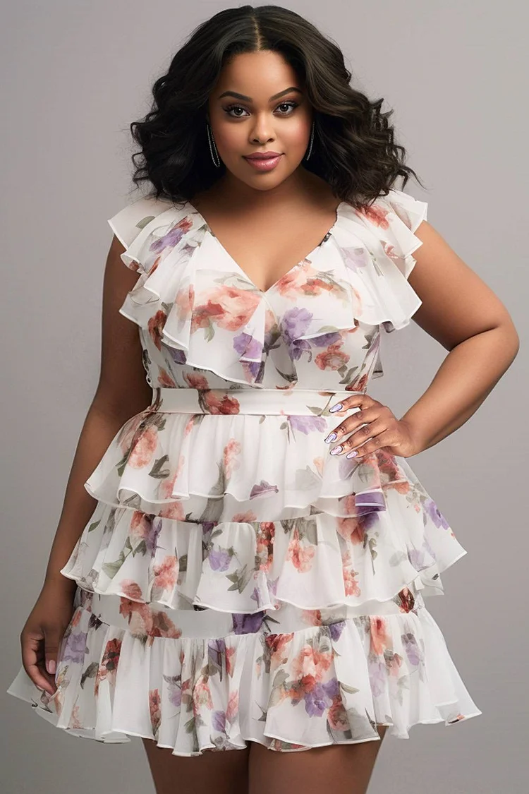 Xpluswear Design Plus Size Vacation White Sundress Floral V Neck Ruffle Tiered Chiffon Mini Dresses [Pre-Order] 2024 - Xpluswear