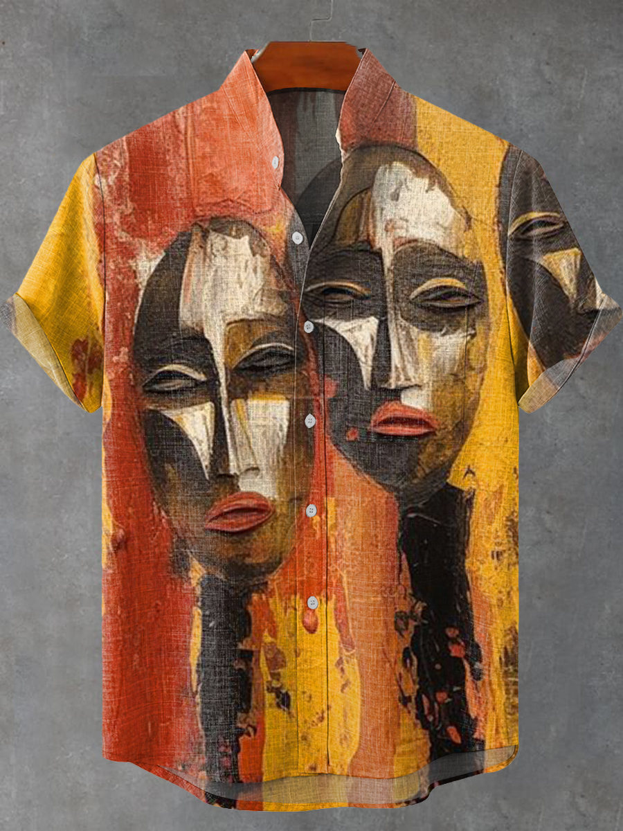 Vintage Abstract African Mask Painting Art Print Casual 100% Cotton Shirt