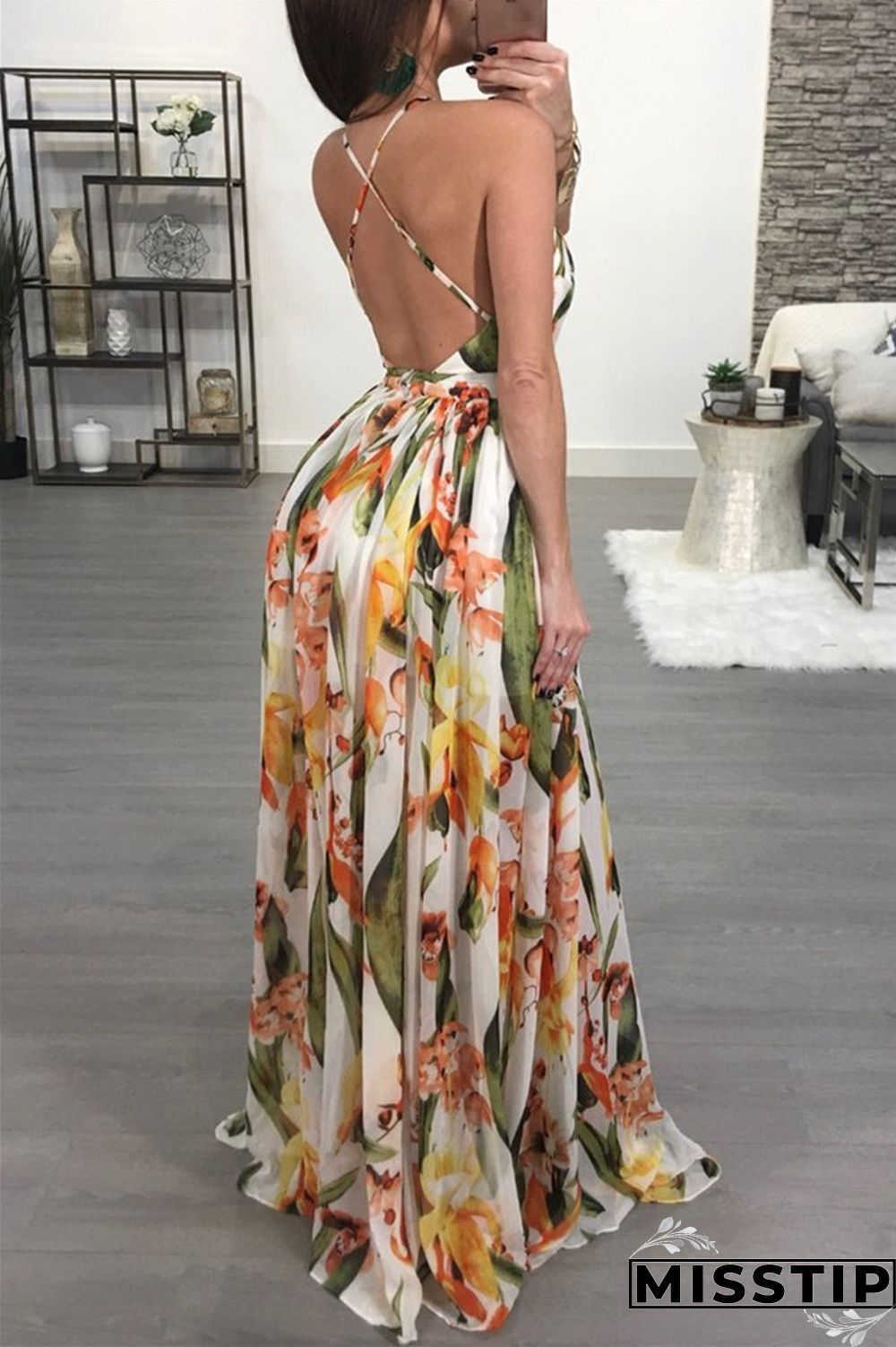 Pink Fashion Casual Print Backless V Neck Sling Dress