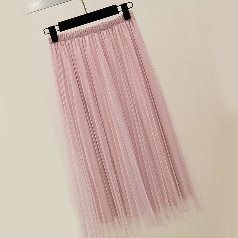 Zoki New 2021 Women Tulle Skirt Elastic High Waist Mesh Spring Summer Fashion Long Skirt A Line Black Girl Korean Pleated Faldas